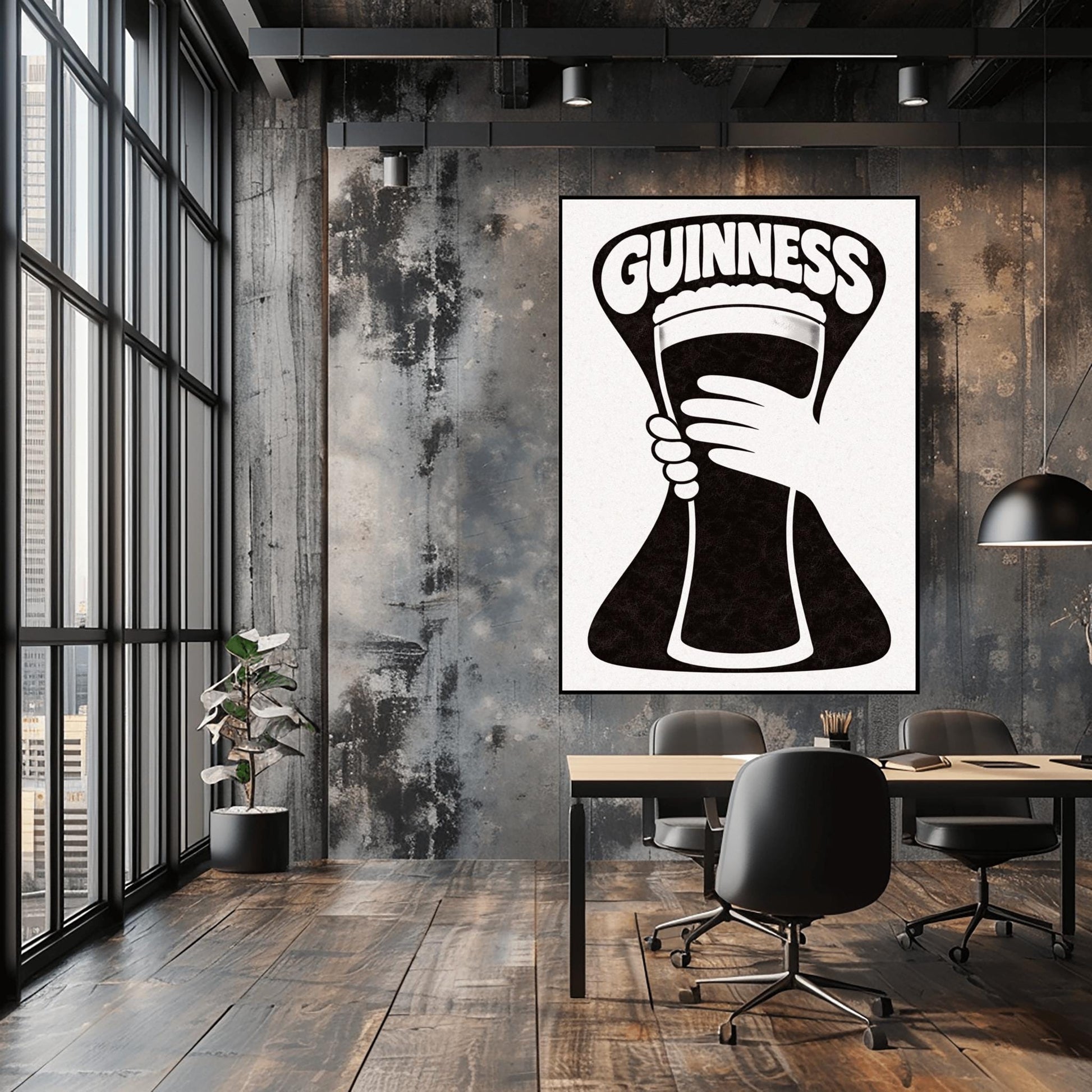 A vertical minimalist graphic in black and white. A large, black hourglass-shaped background features a white hand silhouette holding a pint glass made of negative space. The word "GUINNESS" is arched in bold white text at the top.