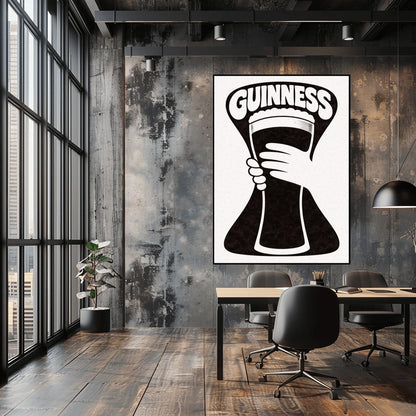 A vertical minimalist graphic in black and white. A large, black hourglass-shaped background features a white hand silhouette holding a pint glass made of negative space. The word "GUINNESS" is arched in bold white text at the top.