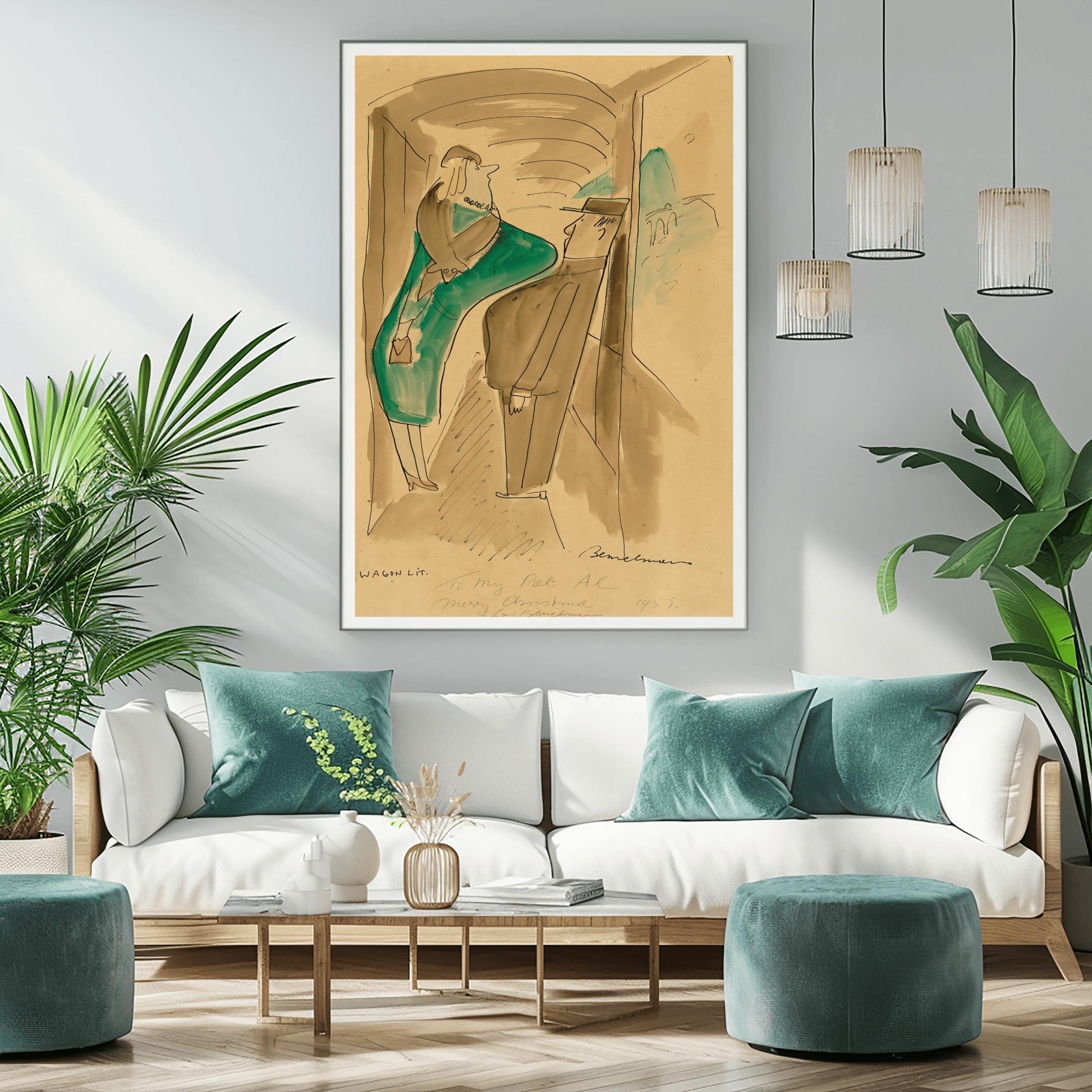 A vertical fine art exhibition poster showing an authentic 1955 sepia sketch by Ludwig Bemelmans titled "Wagon Lits". On a warm tan background with a wide white border, black brush ink lines depict a woman in a teal dress and a man passing each other in a train hallway while a green mountain bridge is visible out the window. A handwritten ink inscription reads "To My Pal Al Merry Christmas Ludwig Bemelmans 1955".