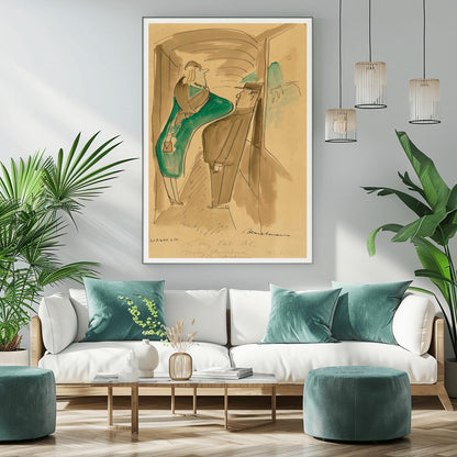 A vertical fine art exhibition poster showing an authentic 1955 sepia sketch by Ludwig Bemelmans titled "Wagon Lits". On a warm tan background with a wide white border, black brush ink lines depict a woman in a teal dress and a man passing each other in a train hallway while a green mountain bridge is visible out the window. A handwritten ink inscription reads "To My Pal Al Merry Christmas Ludwig Bemelmans 1955".