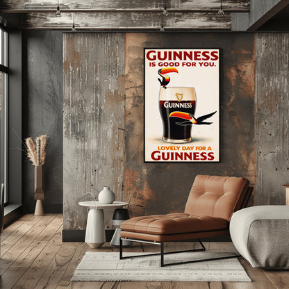 A vertical vintage-style advertisement for Guinness. A large glass of dark stout with a creamy white head is centered. A cartoon toucan with a large orange beak is perched on the rim, and another toucan flies past the bottom of the glass. The text reads "GUINNESS IS GOOD FOR YOU" at the top and "LOVELY DAY FOR A GUINNESS" at the bottom in red font.