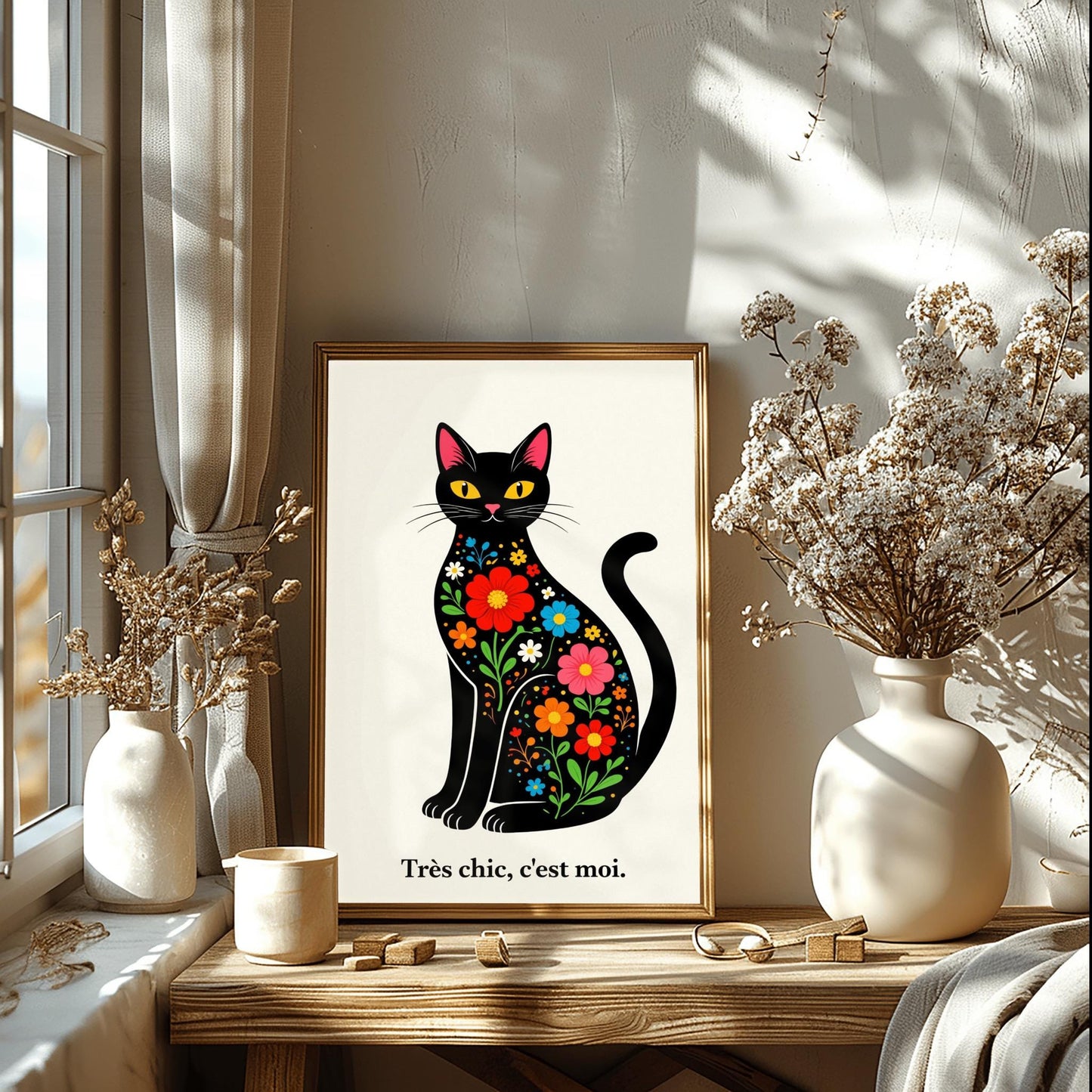 A vertical minimalist art print of a sleek black cat sitting upright, facing forward. The cat's body is filled with colorful folk-art style flowers in red, blue, orange, and yellow with green leaves. The cat has large yellow eyes and a small pink nose. Below the cat, the French phrase "Très chic, c'est moi." is written in a black serif font. The entire image is set against a textured off-white background.