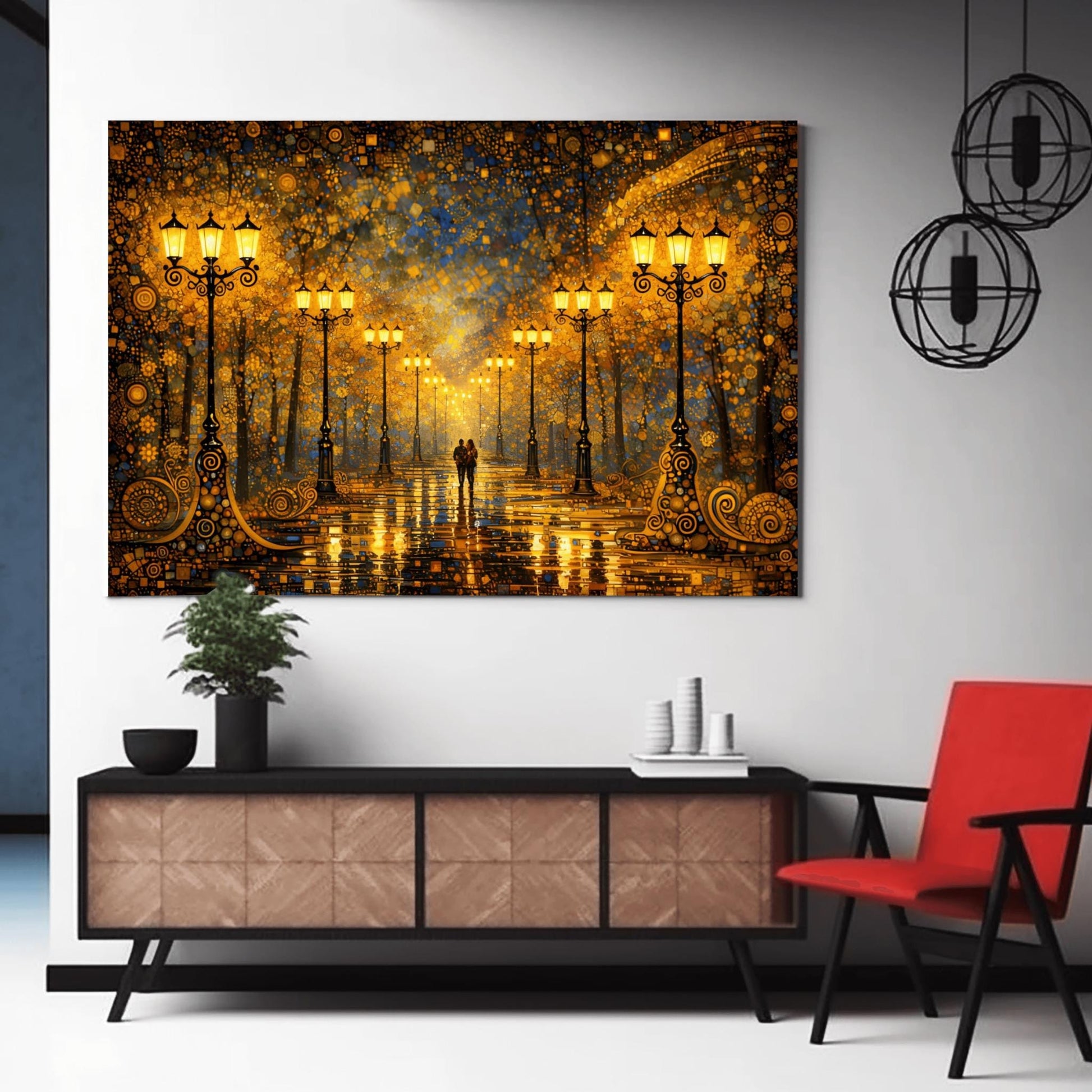 A horizontal fine art print in the style of Gustav Klimt. A couple walks down a rain-slicked park path lined with ornate, glowing golden lamp posts. The trees are made of gold and amber mosaic patterns under a dark blue sky filled with golden stars and geometric shapes. High contrast with radiant gold and deep navy tones.