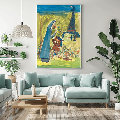 A vertical watercolor illustration in a whimsical, sketchy style. In the foreground, a nun in a tall blue habit bends down to smell an orange flower held by a young girl in a brown coat and a blue hat. They stand in a bright green field filled with red and blue wildflowers, with a brown snail nearby. In the background, a blue, impressionistic Eiffel Tower stands against a yellow-green sky with a French flag at its peak. Several small, sketchy figures walk in the distance.