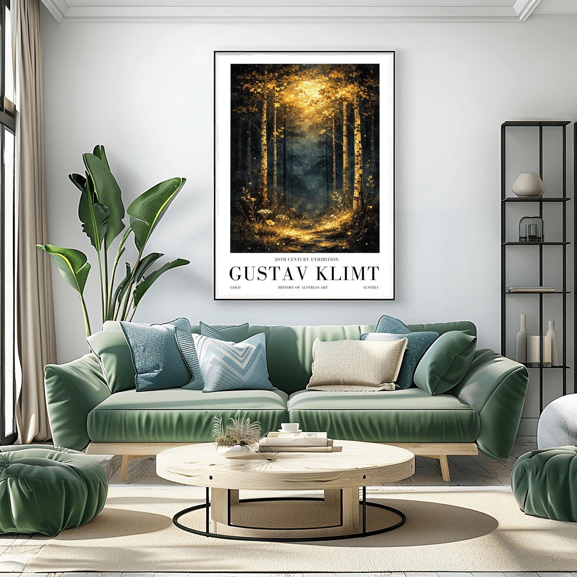 A vertical Art Nouveau illustration of a forest path at night or twilight. Golden birch trees with detailed bark frame a trail that leads into a misty forest. The path and foreground flowers are illuminated by a radiant golden light from above, filled with shimmering stardust.