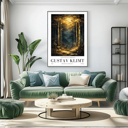 A vertical Art Nouveau illustration of a forest path at night or twilight. Golden birch trees with detailed bark frame a trail that leads into a misty forest. The path and foreground flowers are illuminated by a radiant golden light from above, filled with shimmering stardust.