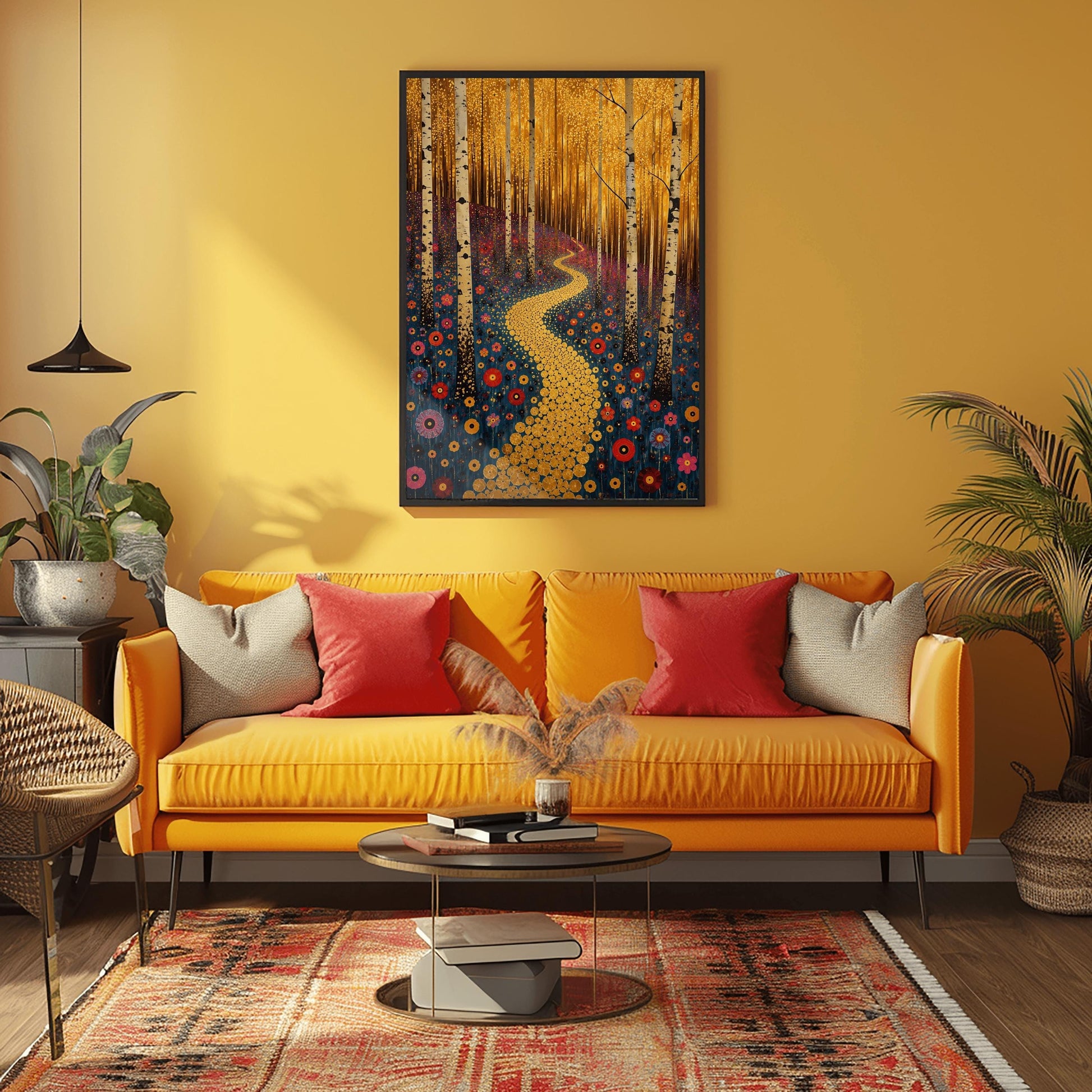 A vertical canvas landscape painting in the style of Gustav Klimt. A winding path made of small, glittering gold circular mosaic tiles snakes from the foreground up a forest hill. Slender white and black birch tree trunks stand vertically across the landscape. The hillside ground is dark navy blue and covered in round, target-shaped flowers in shades of red, orange, and pink. The top third of the painting is a dense, shimmering canopy of tiny golden-yellow autumn leaves.