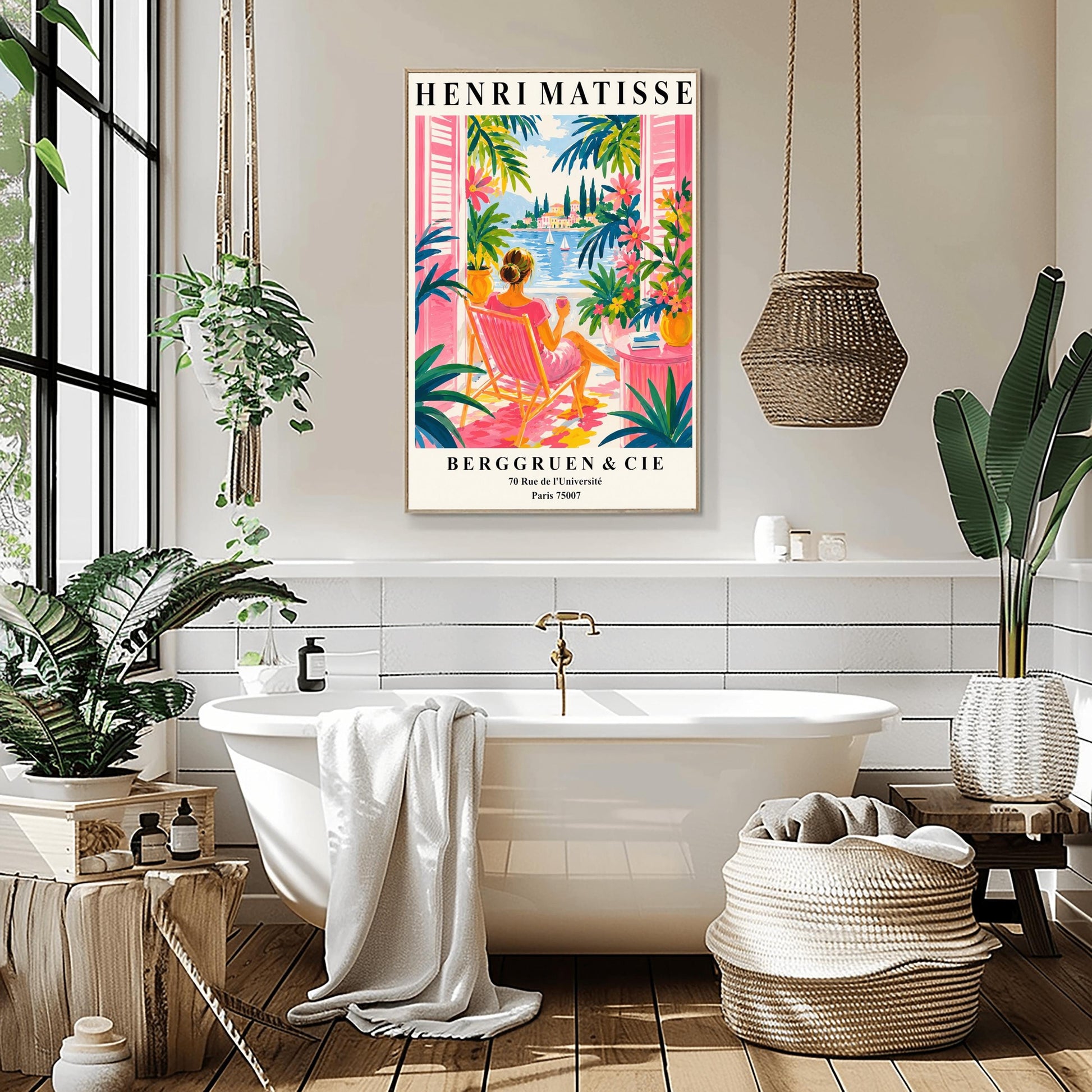A vertical minimalist fine art exhibition poster in the style of Henri Matisse, featuring a wide white border layout. In the center, a simple black line drawing outlines a woman in a reclining, relaxed pose resting on her side. The illustration is framed by large, flat abstract paper-cut shapes, including a solid terracotta red background block beneath the figure and an organic royal blue coral leaf on the left against a solid white backdrop.