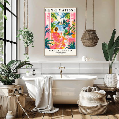 A vertical minimalist fine art exhibition poster in the style of Henri Matisse, featuring a wide white border layout. In the center, a simple black line drawing outlines a woman in a reclining, relaxed pose resting on her side. The illustration is framed by large, flat abstract paper-cut shapes, including a solid terracotta red background block beneath the figure and an organic royal blue coral leaf on the left against a solid white backdrop.