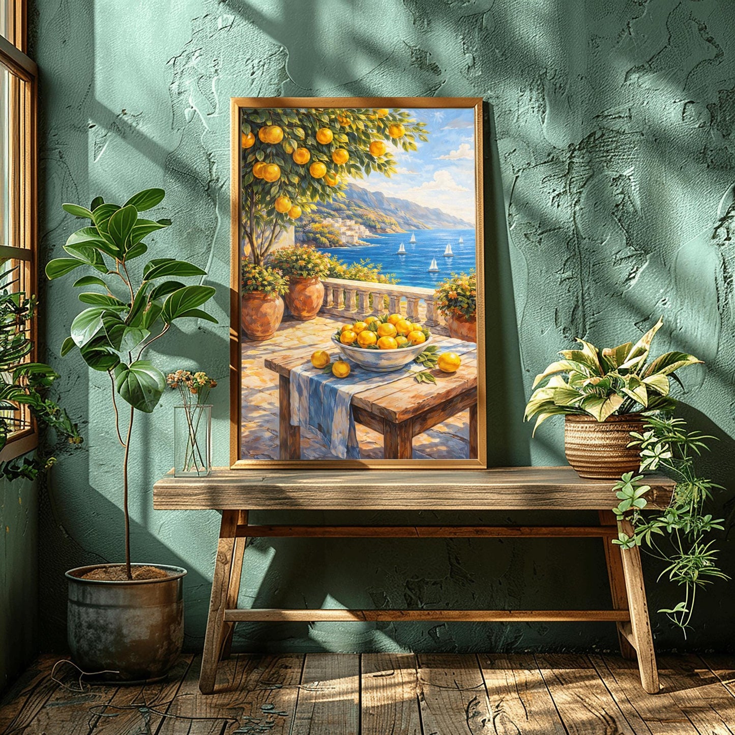 A vertical painterly illustration of a stone terrace overlooking a blue sea with sailboats. In the foreground, a wooden table holds a bowl of oranges and lemons. A citrus tree and flower-filled terracotta pots frame the view. Distant white-washed buildings sit on a coastline under a blue sky.
