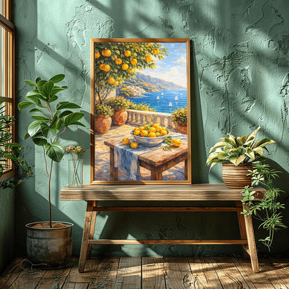 A vertical painterly illustration of a stone terrace overlooking a blue sea with sailboats. In the foreground, a wooden table holds a bowl of oranges and lemons. A citrus tree and flower-filled terracotta pots frame the view. Distant white-washed buildings sit on a coastline under a blue sky.