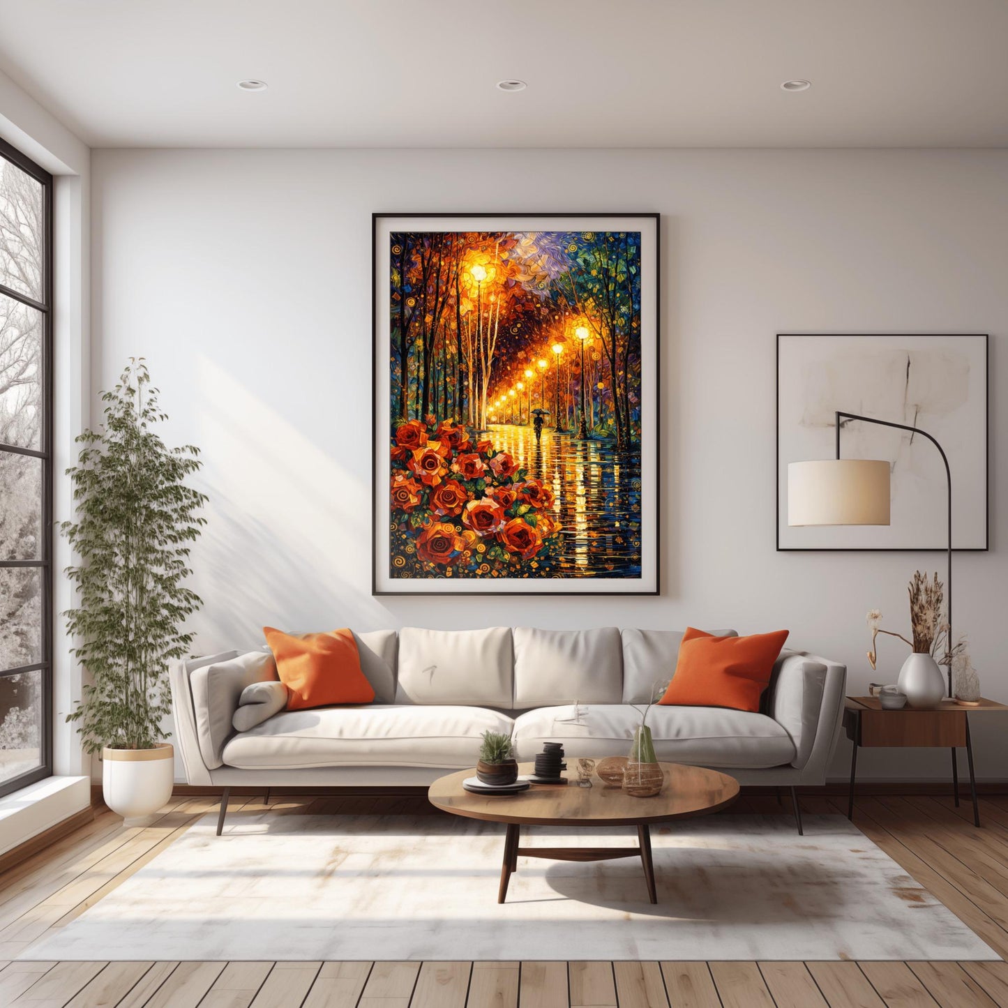A vertical art print in the style of Gustav Klimt. In the bottom left, a large cluster of stylized red and orange roses with golden spiral centers is prominent. A rain-dampened path reflects the warm yellow light from a line of ornate street lamps. A small black silhouette of a person holding an umbrella walks down the path. The trees and sky are filled with decorative mosaics and swirls in blue, gold, and orange.
