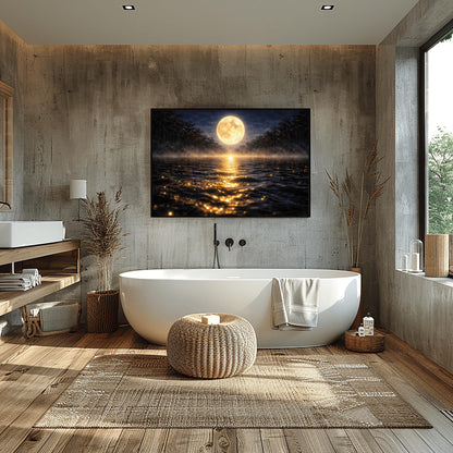 A horizontal landscape art print in the style of Gustav Klimt. A large, luminous golden moon hangs in a dark, starlit sky over a calm lake. A brilliant trail of golden light reflects across the dark water toward the viewer. Low-lying mist rolls across the lake's surface, and silhouetted dark trees line the distant shore. The overall color palette is a striking contrast of deep midnight blue and radiant metallic gold.