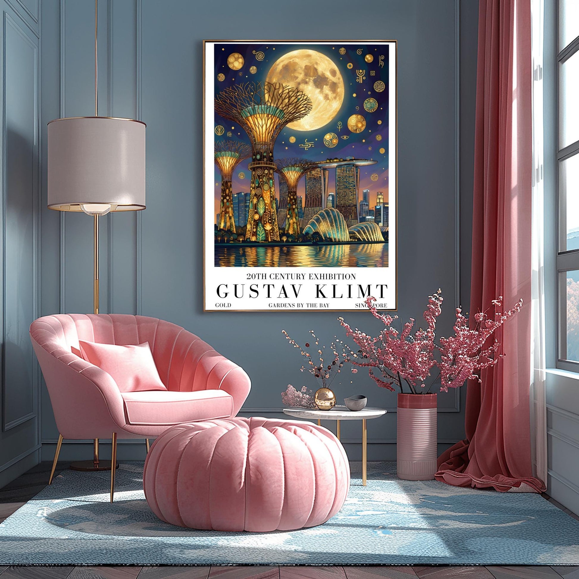 A vertical museum exhibition poster in the style of Gustav Klimt. The Supertree Grove of Singapore's Gardens by the Bay is rendered at night with intricate gold mosaic trunks. A massive moon hangs in a purple and indigo sky filled with golden symbols. Bold black text at the bottom reads "GUSTAV KLIMT" and "GARDENS BY THE BAY."