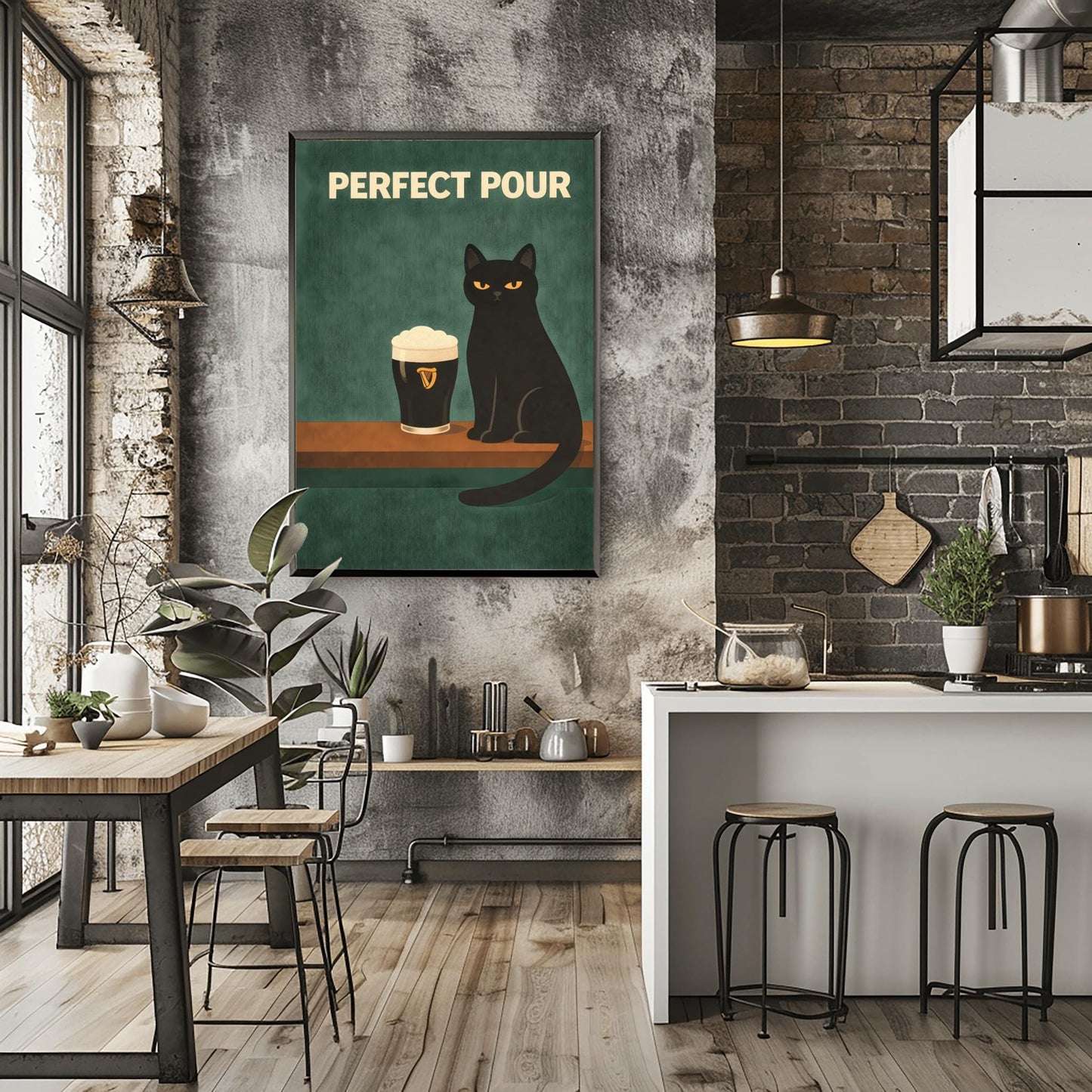 A vertical modern illustration of a sleek black cat with yellow eyes sitting on a wooden bar ledge next to a pint of Guinness. The text "PERFECT POUR" is written in bold cream letters at the top. The background is a dark, textured teal-green.
