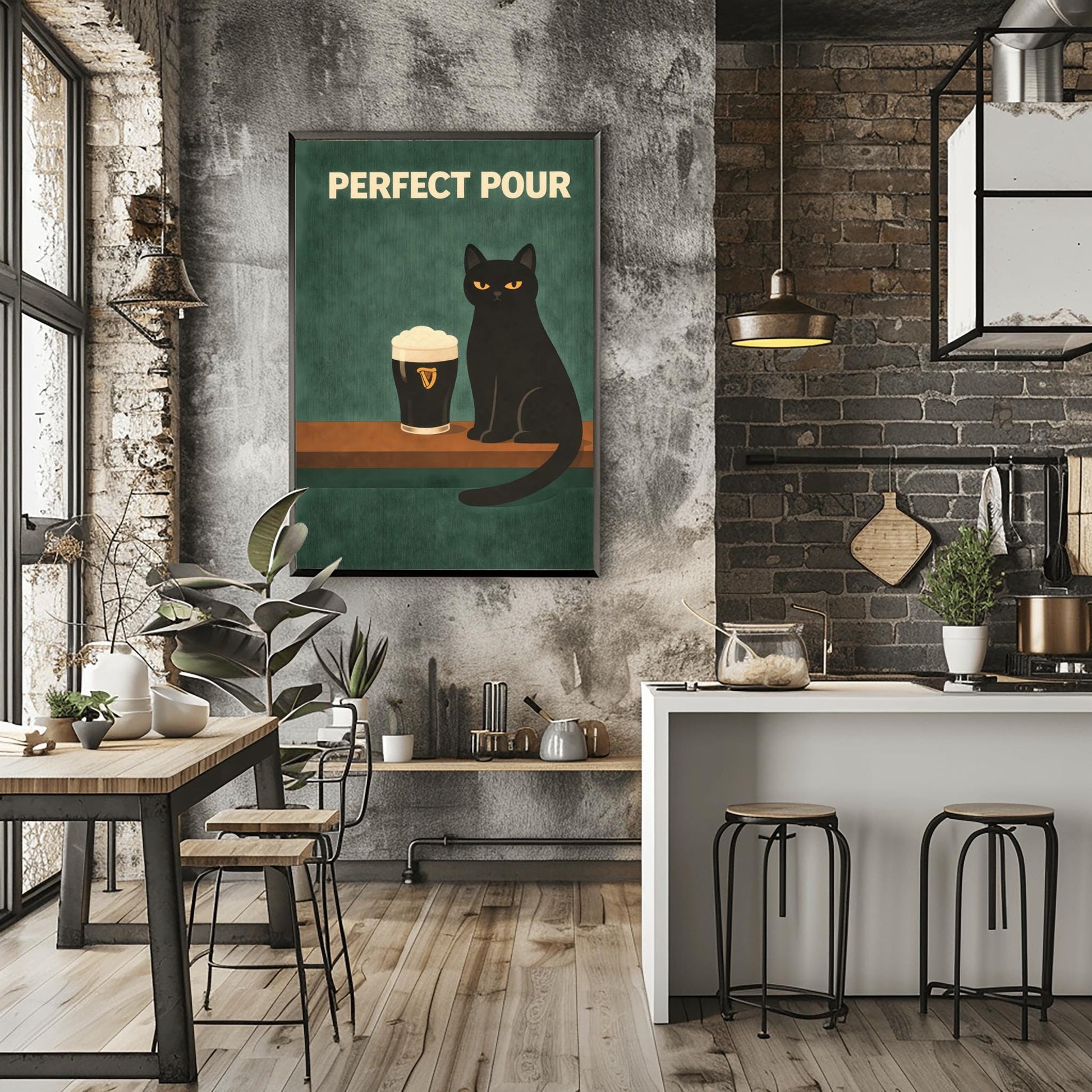 A vertical modern illustration of a sleek black cat with yellow eyes sitting on a wooden bar ledge next to a pint of Guinness. The text "PERFECT POUR" is written in bold cream letters at the top. The background is a dark, textured teal-green.