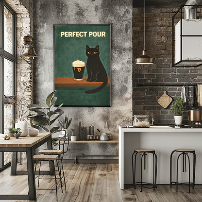 A vertical modern illustration of a sleek black cat with yellow eyes sitting on a wooden bar ledge next to a pint of Guinness. The text "PERFECT POUR" is written in bold cream letters at the top. The background is a dark, textured teal-green.