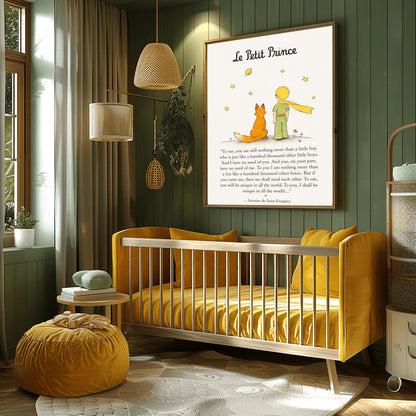 A vertical art print featuring a minimalist illustration of the Little Prince and the Fox from behind. The Prince wears a green suit and a long, flowing yellow scarf, standing next to an orange fox on a small grey mound. Above them are several simple yellow stars and a ringed planet. Below the illustration is a famous quote about "taming" and uniqueness from the book, attributed to Antoine de Saint-Exupéry.