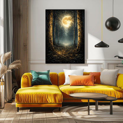 A vertical art print in the style of Gustav Klimt showing a dark forest at night. Tall, dark, silhouetted tree trunks frame a central path that leads toward a bright light in the distance. A massive, glowing golden moon with intricate textures dominates the upper center of the image. The base of the trees and the forest floor are sprinkled with shimmering gold mosaic patterns and light specks, contrasting sharply against the dark background.