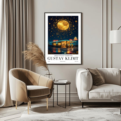 A vertical museum exhibition poster in the style of Gustav Klimt. A retro mid-century gas station and motel with neon signs stand in a desert landscape at night. A massive, ornate golden moon with mosaic patterns fills the top of a sky crowded with golden spirals and symbols. Bold black text at the bottom reads "GUSTAV KLIMT" and "DESERT MOON."