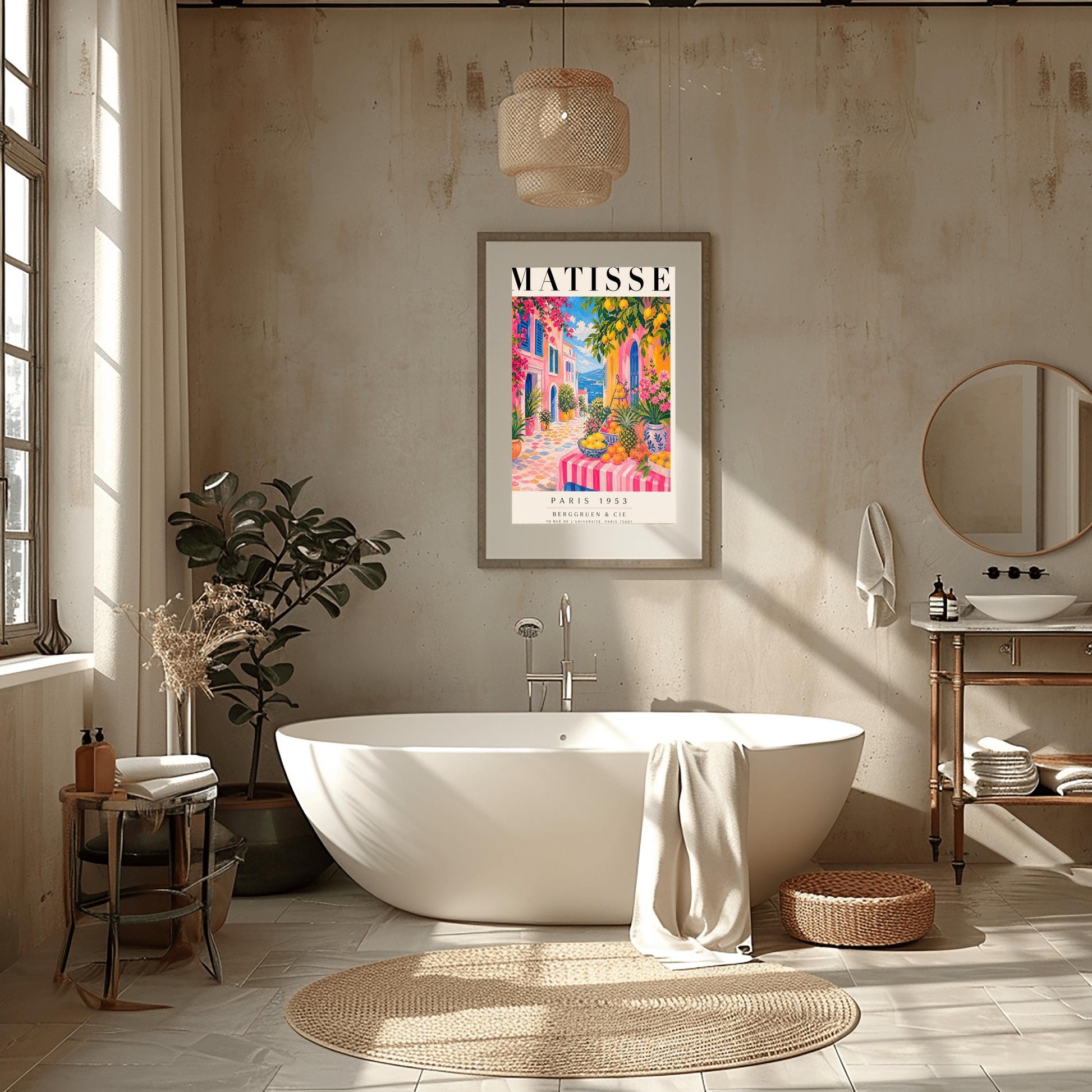 A vertical maximalist art print styled as a Henri Matisse exhibition poster. The scene depicts a vibrant, colorful street in a Mediterranean coastal town. In the foreground, a table with a pink and white striped cloth is piled high with lemons, oranges, and a pineapple. Hot pink and yellow buildings with blue shutters line a cobblestone path that leads toward a blue sea under a bright sky. Lush green trees with yellow lemons and pink flowers frame the view.