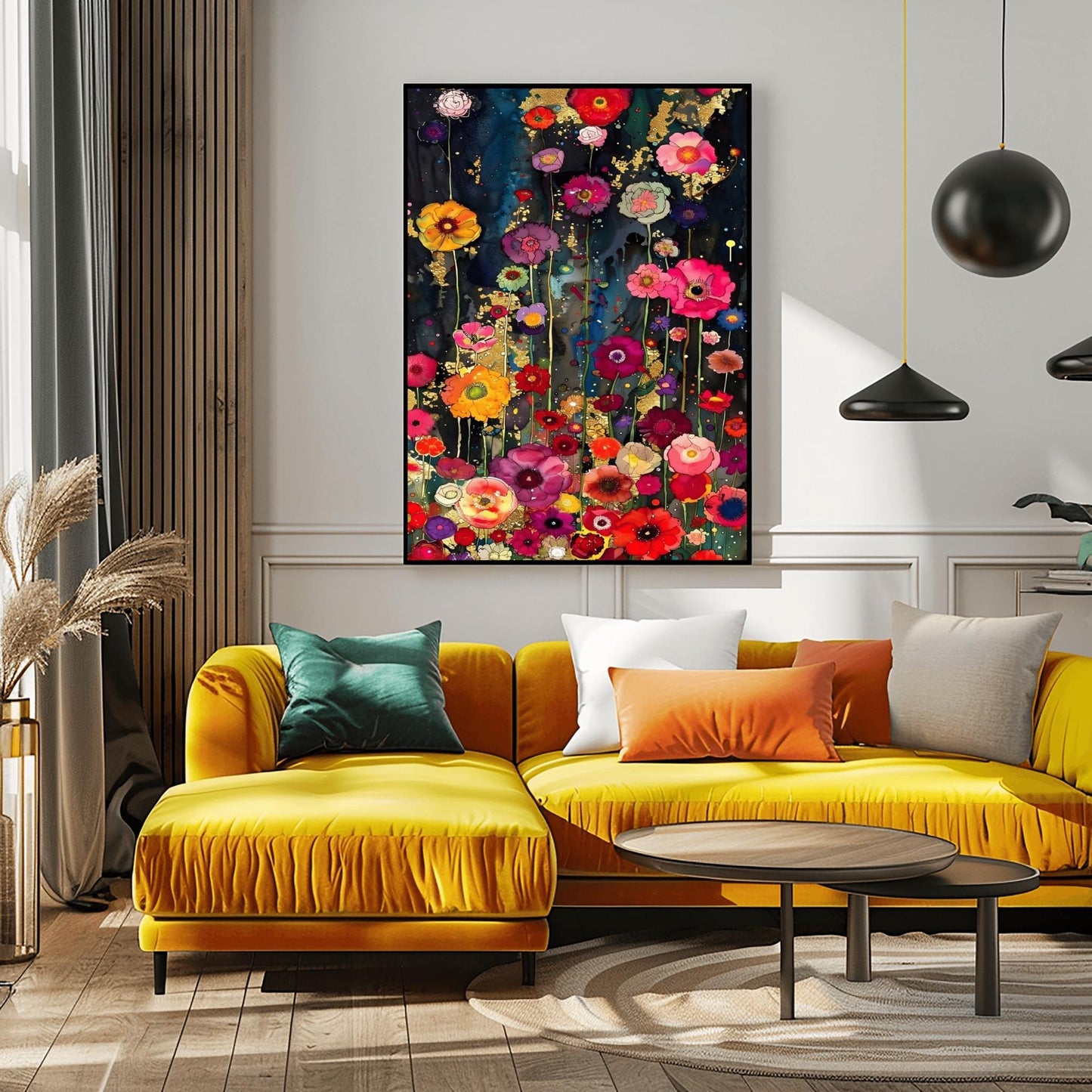 A vertical, highly detailed painting in the style of Gustav Klimt. A dense field of vibrant wildflowers in red, pink, orange, and purple grows against a dark indigo and black background. Shimmering gold-leaf patterns and "rain" effects are woven throughout the flowers. The style is rich in texture with a mosaic-like quality and heavy gold accents.