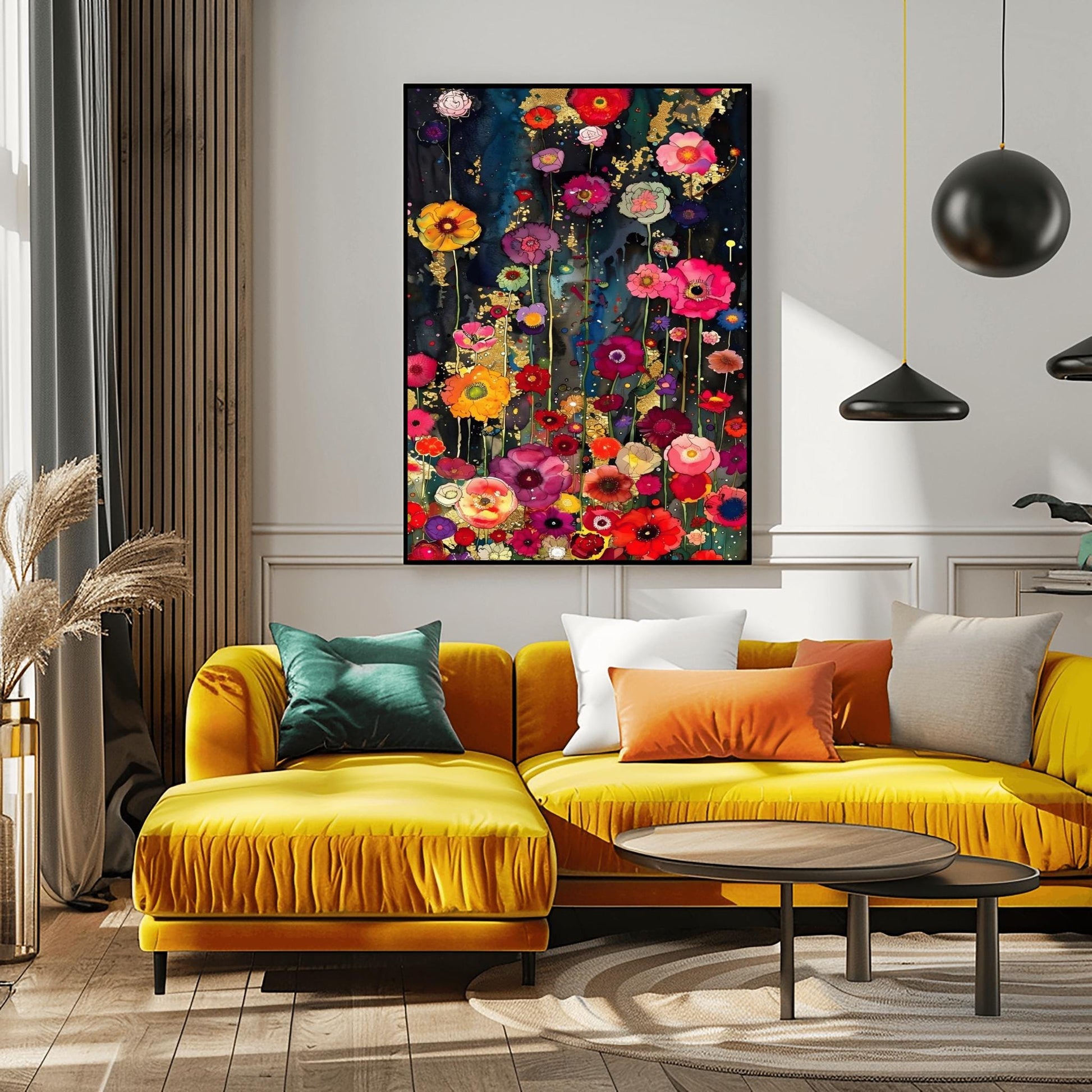 A vertical, highly detailed painting in the style of Gustav Klimt. A dense field of vibrant wildflowers in red, pink, orange, and purple grows against a dark indigo and black background. Shimmering gold-leaf patterns and "rain" effects are woven throughout the flowers. The style is rich in texture with a mosaic-like quality and heavy gold accents.
