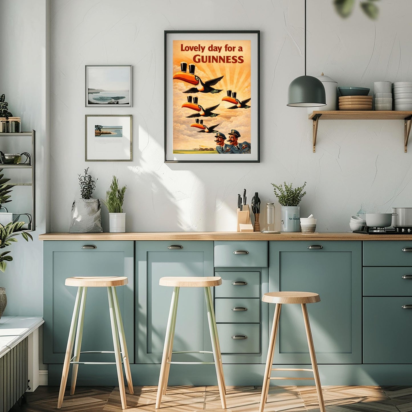 A vertical vintage-style advertising poster for Guinness. Four toucans fly through a sepia-toned sky with sunbeams, each balancing two pints of beer on its beak. Two surprised pilots in blue uniforms look up from the bottom right. Red text at the top reads "Lovely day for a GUINNESS."
