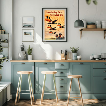 A vertical vintage-style advertising poster for Guinness. Four toucans fly through a sepia-toned sky with sunbeams, each balancing two pints of beer on its beak. Two surprised pilots in blue uniforms look up from the bottom right. Red text at the top reads "Lovely day for a GUINNESS."