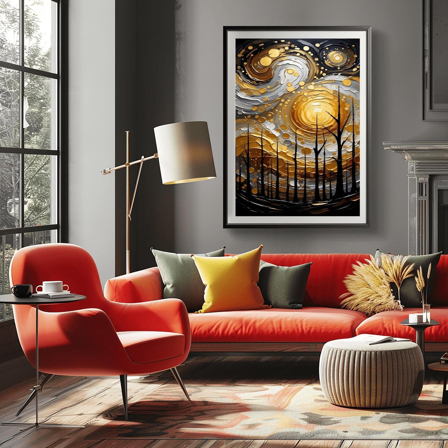 A vertical abstract painting in the style of Gustav Klimt. A group of black, silhouetted tree trunks stand in the foreground against a massive, swirling sun composed of concentric rings of gold, silver, and cream. The background is a dark, moody grey. The style features heavy, thick paint textures and metallic-looking circular accents scattered throughout.