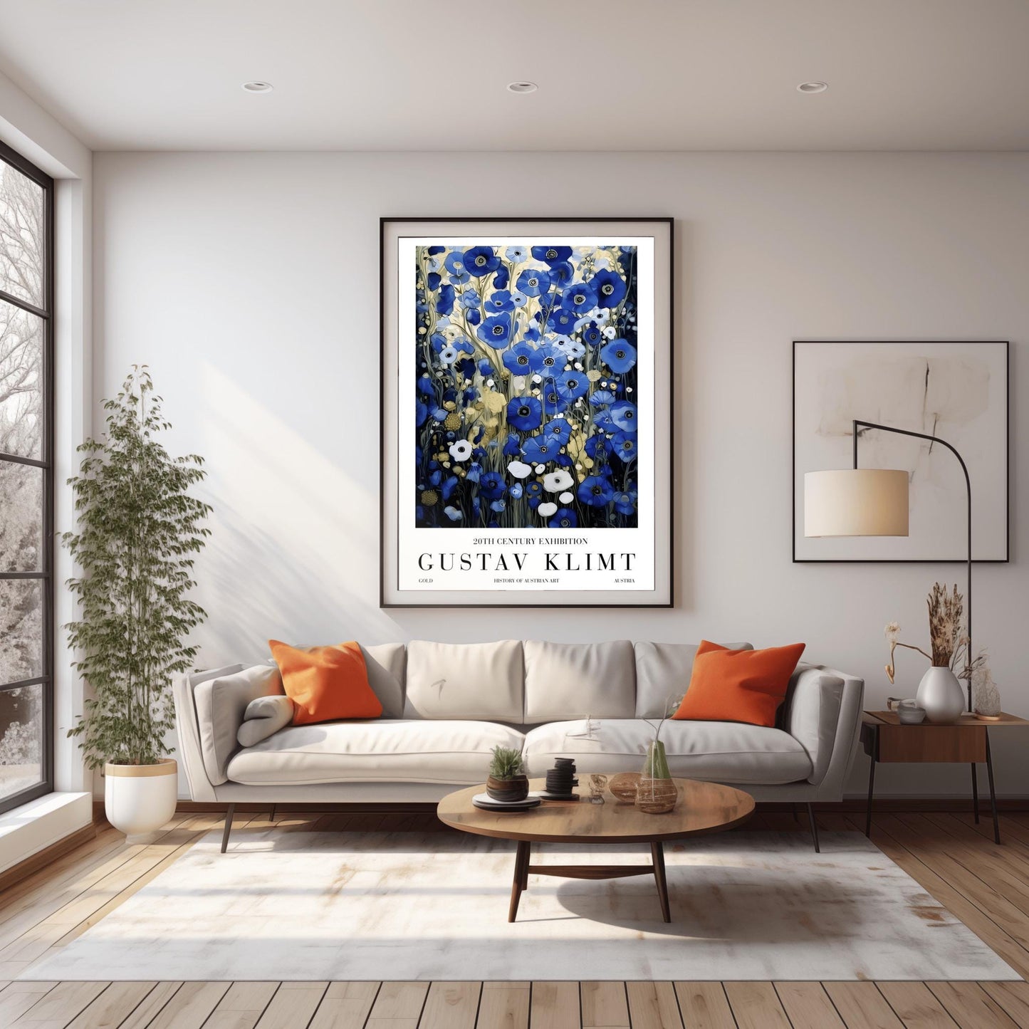 A vertical, highly detailed oil painting in the style of Gustav Klimt. The image is filled with a dense field of blue poppies in shades of cobalt, navy, and light blue. The flowers have dark centers and are surrounded by abstract cream and amber foliage. The brushwork is thick and textured, giving the appearance of a rich mosaic tapestry of flowers.