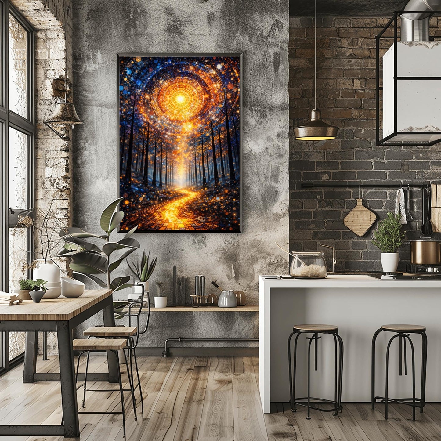 A vertical, highly detailed Art Nouveau illustration featuring a winding golden mosaic path leading through a dark forest toward a bright light. Above, a massive circular portal in the sky is made of intricate mosaic tiles in gold and blue. The scene is filled with shimmering golden stardust.