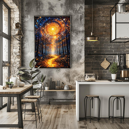A vertical, highly detailed Art Nouveau illustration featuring a winding golden mosaic path leading through a dark forest toward a bright light. Above, a massive circular portal in the sky is made of intricate mosaic tiles in gold and blue. The scene is filled with shimmering golden stardust.