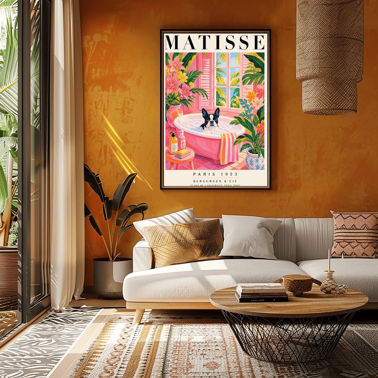 A vertical maximalist art print styled as a Henri Matisse exhibition poster. A black and white Boston Terrier dog sits in a pink bathtub filled with white bubbles. The bathroom features pink tiled floors and walls, decorated with lush green tropical plants and vibrant pink flowers in floral vases. A window with pink shutters in the background looks out onto palm trees and a blue ocean. In the foreground, soap bottles and a yellow bar of soap sit on a small pink stool.