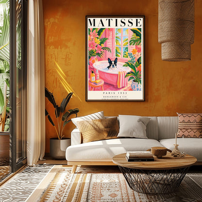 A vertical maximalist art print styled as a Henri Matisse exhibition poster. A black and white Boston Terrier dog sits in a pink bathtub filled with white bubbles. The bathroom features pink tiled floors and walls, decorated with lush green tropical plants and vibrant pink flowers in floral vases. A window with pink shutters in the background looks out onto palm trees and a blue ocean. In the foreground, soap bottles and a yellow bar of soap sit on a small pink stool.