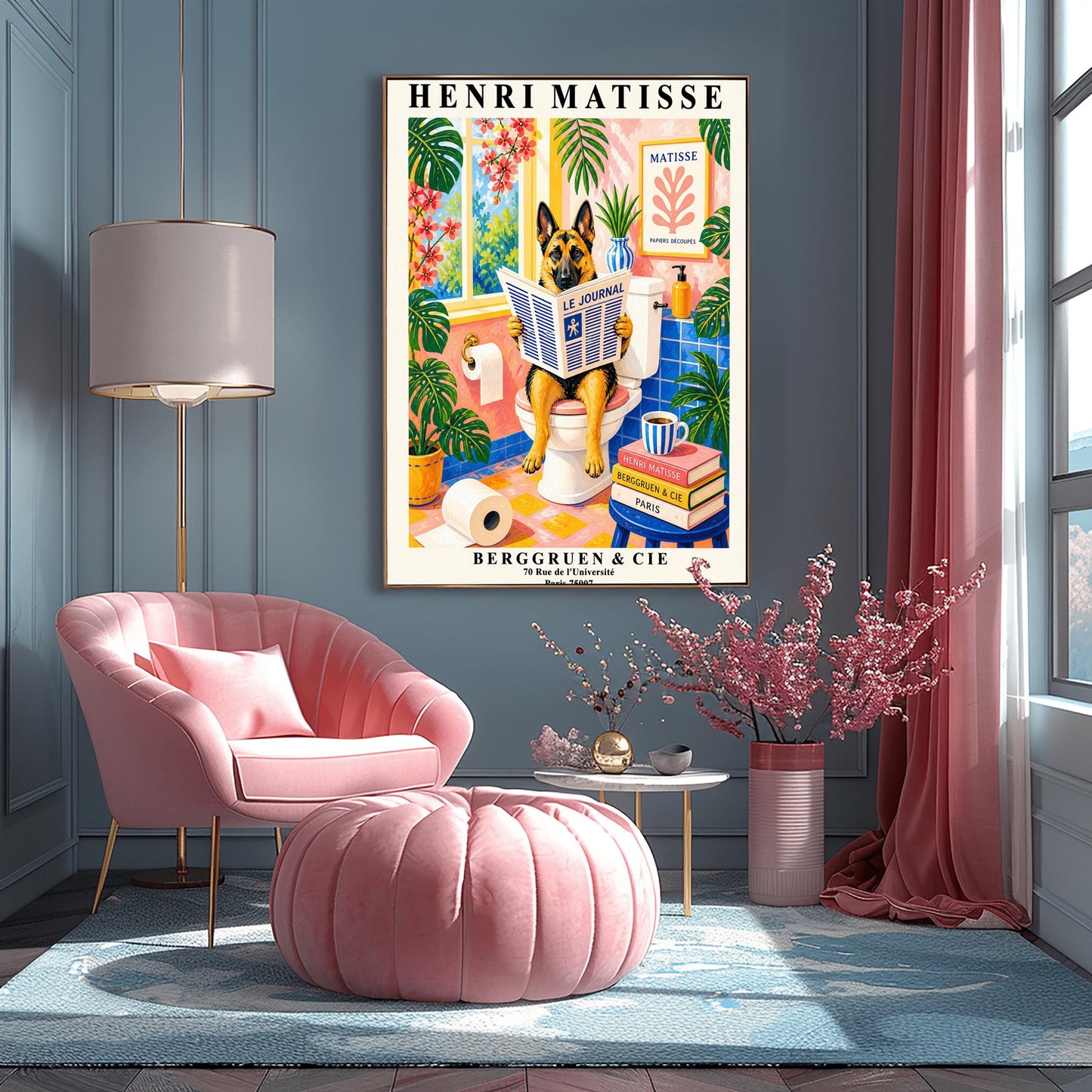 A vertical maximalist art print designed as a Henri Matisse exhibition poster. A tan and black German Shepherd is sitting upright on a white toilet, holding and reading a newspaper titled "Le Journal." The bathroom is vibrantly colored with pink walls, blue wall tiles, and a pink and yellow checkered floor. The room is filled with large green tropical plants and red flowers. A stack of art books and a striped mug sit on a blue stool.