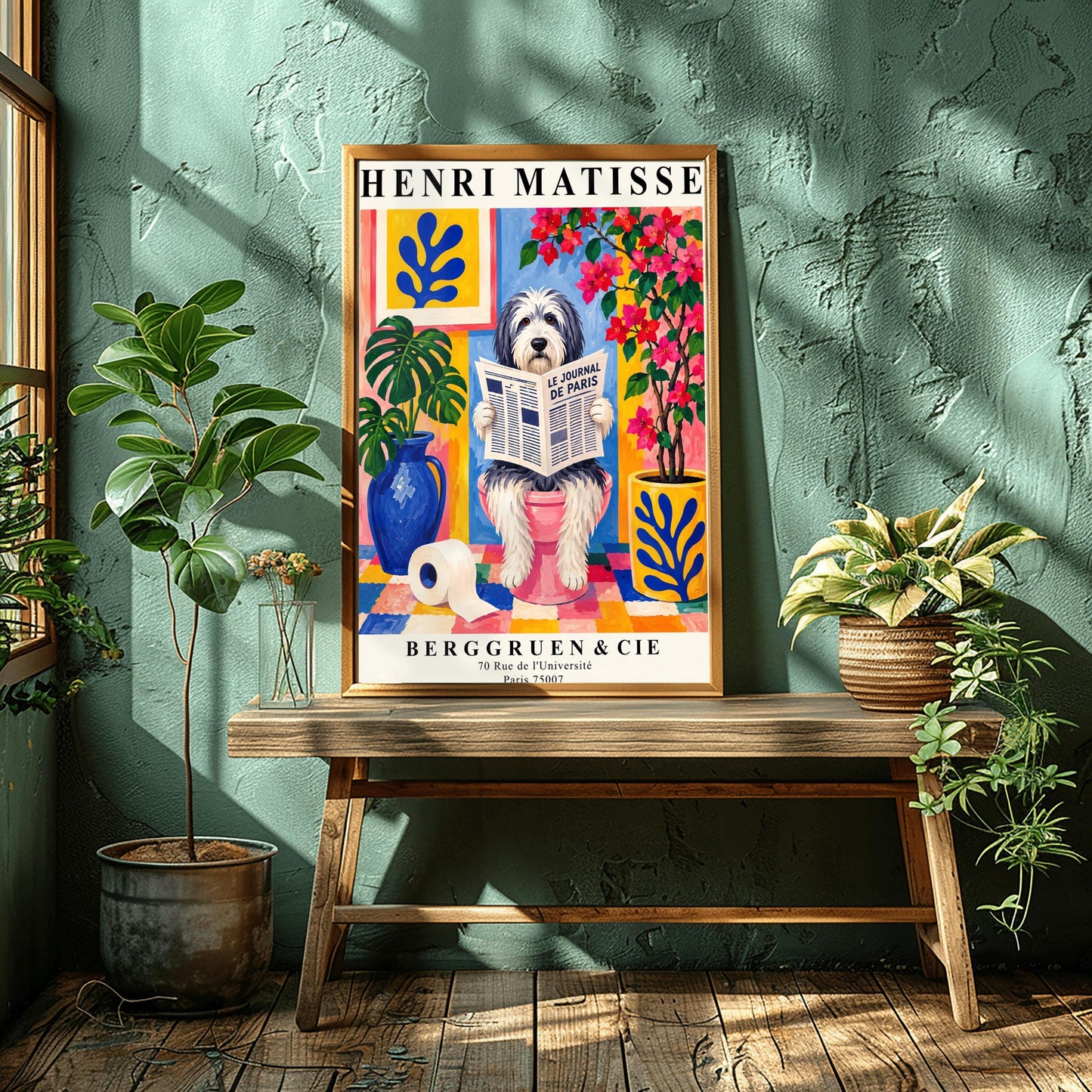 A vertical retro exhibition poster for Henri Matisse featuring a wide cream border. The central image shows a colorful Fauvism-style painting of a fluffy black-and-white Bearded Collie dog sitting on a pink toilet. The dog has shaggy fur and is looking forward while holding open a newspaper titled "LE JOURNAL DE PARIS". The background is a vibrant bathroom with a checkered mosaic floor, blue and yellow planters holding green monstera leaves
