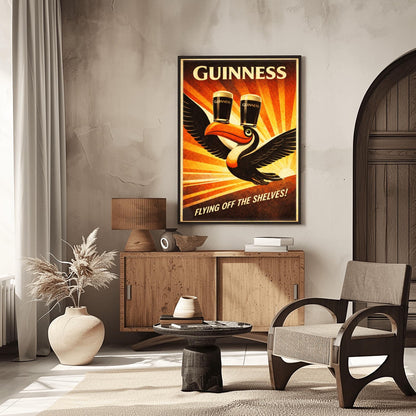 A vertical vintage-style advertising poster for Guinness. A toucan flies upward towards the top left, balancing two pints of beer on its beak. A large orange sunburst radiates from the bottom right background. Text at the top reads "GUINNESS" and the bottom reads "FLYING OFF THE SHELVES!"