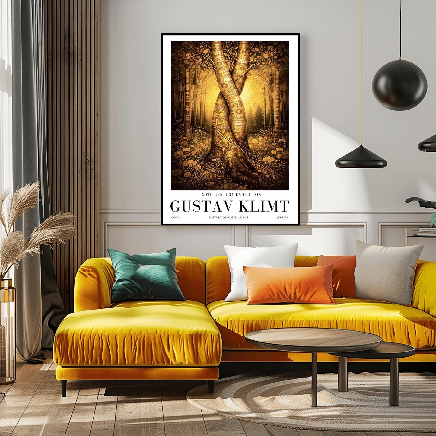 A vertical exhibition poster for Gustav Klimt. Two large tree trunks with golden mosaic patterns are entwined and twisted together in the center of a sunlit forest. The background is a soft amber glow, and the foreground features detailed golden flowers. White border with black text at the bottom.