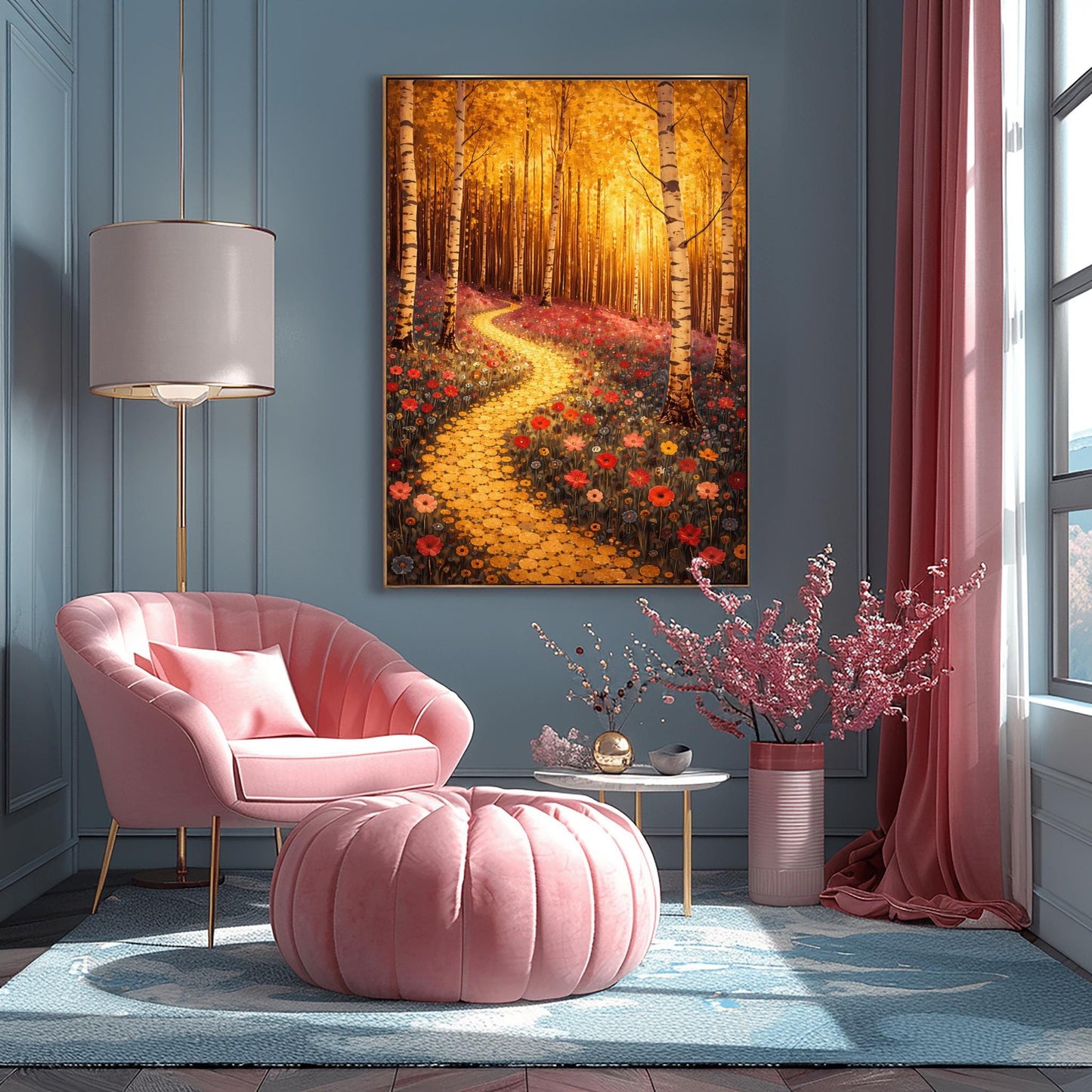 A vertical fine art landscape in the style of Gustav Klimt. Slender birch trees with white and black bark stand in a forest with glowing golden leaves. A winding path made of golden mosaic circles leads through a meadow of red and pink poppies toward a sun-drenched, ethereal background.