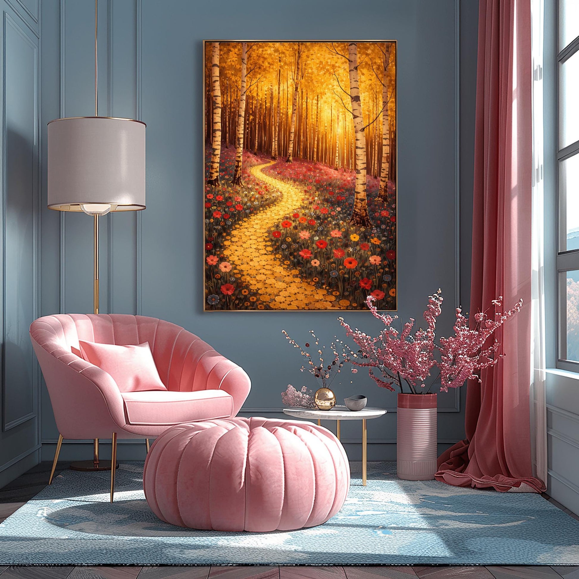 A vertical fine art landscape in the style of Gustav Klimt. Slender birch trees with white and black bark stand in a forest with glowing golden leaves. A winding path made of golden mosaic circles leads through a meadow of red and pink poppies toward a sun-drenched, ethereal background.