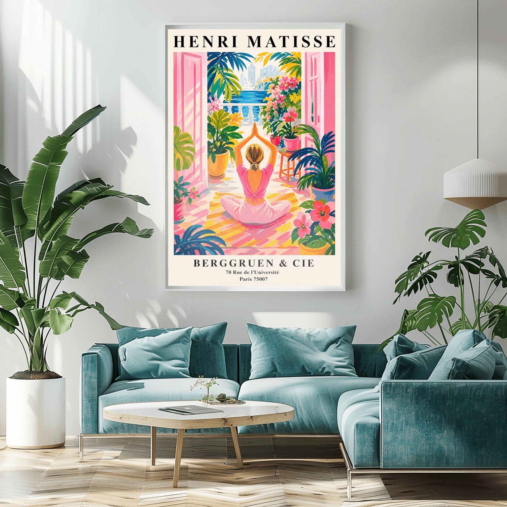 A vertical maximalist art print styled as a Henri Matisse exhibition poster. A woman with blonde hair tied back is seen from behind, sitting on a yellow-and-orange striped yoga mat in a yoga pose with her hands joined above her head. She faces open pink French doors that lead to a balcony with a view of a blue sea and a distant city. The terrace is filled with vibrant pink flowers, large green tropical plants in yellow pots, and a small wooden stool.