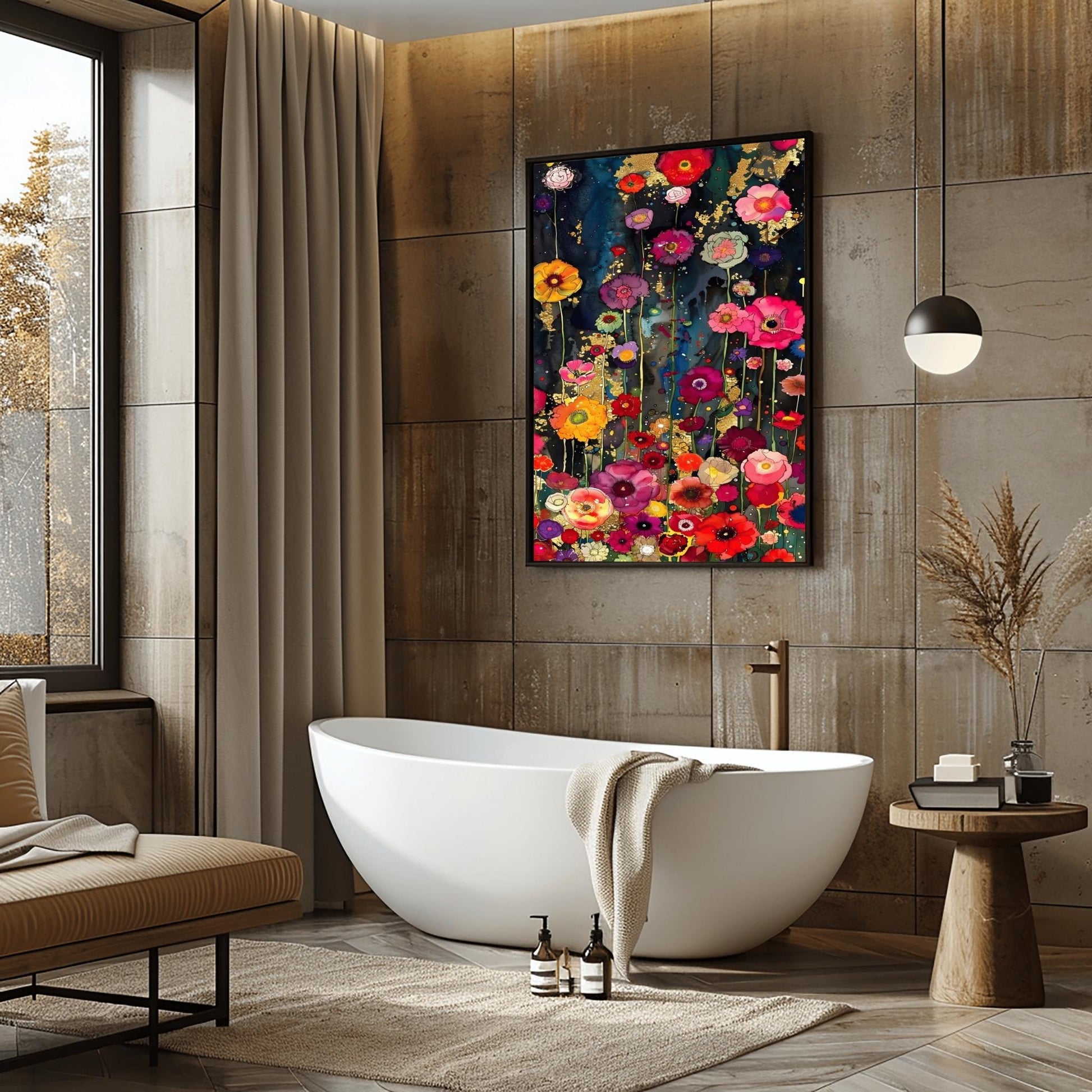 A vertical, highly detailed painting in the style of Gustav Klimt. A dense field of vibrant wildflowers in red, pink, orange, and purple grows against a dark indigo and black background. Shimmering gold-leaf patterns and "rain" effects are woven throughout the flowers. The style is rich in texture with a mosaic-like quality and heavy gold accents.