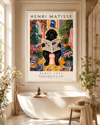 A vertical vintage-style art exhibition poster titled "HENRI MATISSE" at the top and "PARIS 1953 BERGGRUEN & CIE" at the bottom. The main image shows a large, fluffy black Newfoundland dog sitting on a pink toilet in a highly decorated bathroom, reading a newspaper. The room is filled with yellow pattern tiles, blue-and-white wallpaper, a blue Matisse cutout art frame on the wall, multiple large green houseplants, and vases filled with colorful pink flowers.