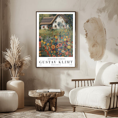 A vertical oil painting in the style of Gustav Klimt. A white-washed cottage with a brown thatched roof sits behind a dense field of colorful, circular wildflowers in shades of orange, red, blue, and yellow. The style features heavy, decorative textures and subtle golden highlights throughout the garden and roof.