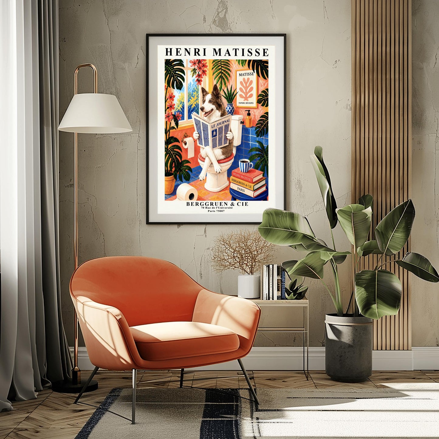 A vertical retro French exhibition poster styled after Henri Matisse with a wide ivory border. The central image shows a vibrant bathroom illustration where a fluffy brown-and-white border collie dog sits upright on a white toilet, holding and reading a newspaper titled "LE JOURNAL" with a happy, alert expression. The room features cobalt blue floor and wall tiles, coral pink walls, and large potted monstera plants with cascading pink flowers
