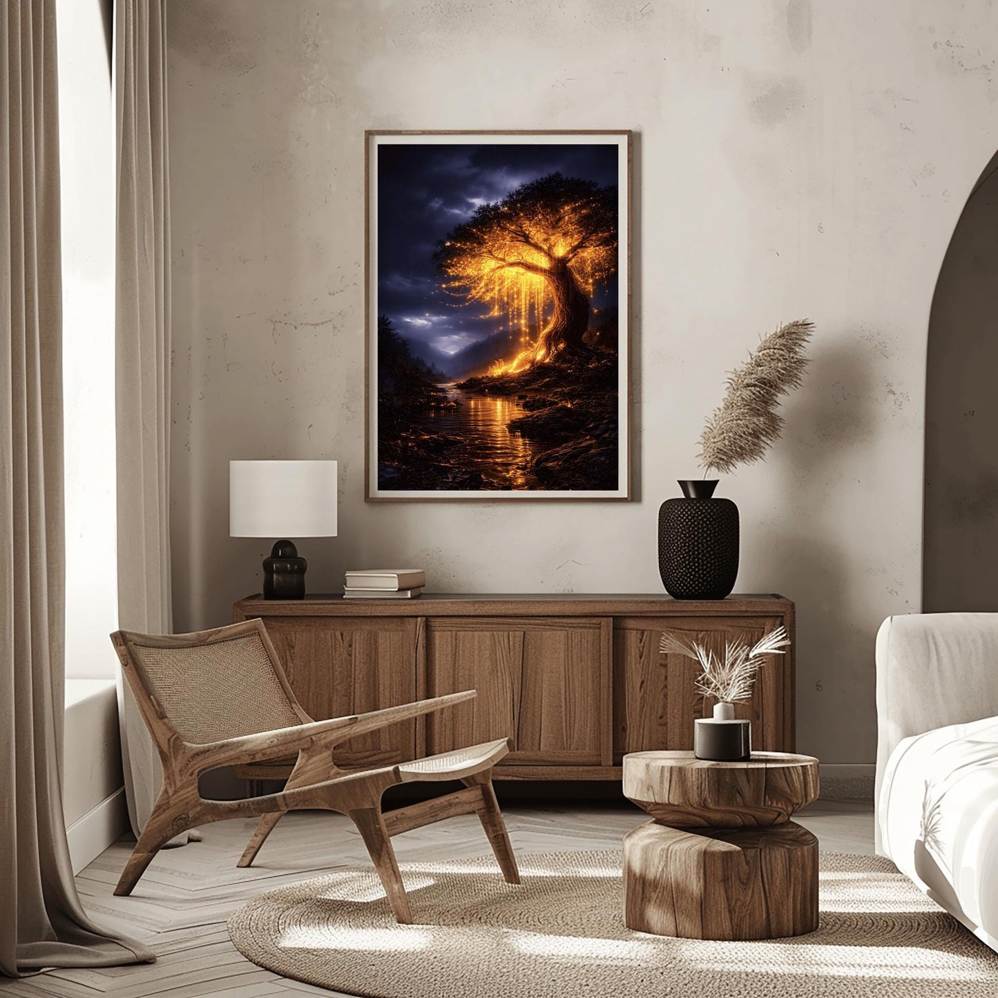 A vertical full-bleed illustration of a large weeping willow tree glowing with golden light in a stormy mountain valley. The tree stands by a dark river reflecting its gold light. The background features dark, rainy mountains and a moody indigo sky in the style of Gustav Klimt.