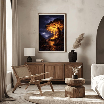 A vertical full-bleed illustration of a large weeping willow tree glowing with golden light in a stormy mountain valley. The tree stands by a dark river reflecting its gold light. The background features dark, rainy mountains and a moody indigo sky in the style of Gustav Klimt.