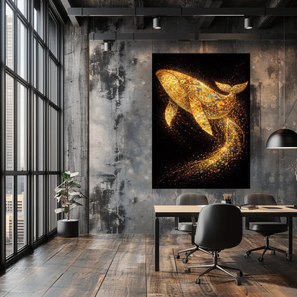A vertical full-bleed illustration of a large whale in the style of Gustav Klimt. The whale is composed of gold mosaic patterns and spirals, swimming through a dark black ocean. Behind it, a long, curved trail of sparkling golden particles and embers flows through the water.