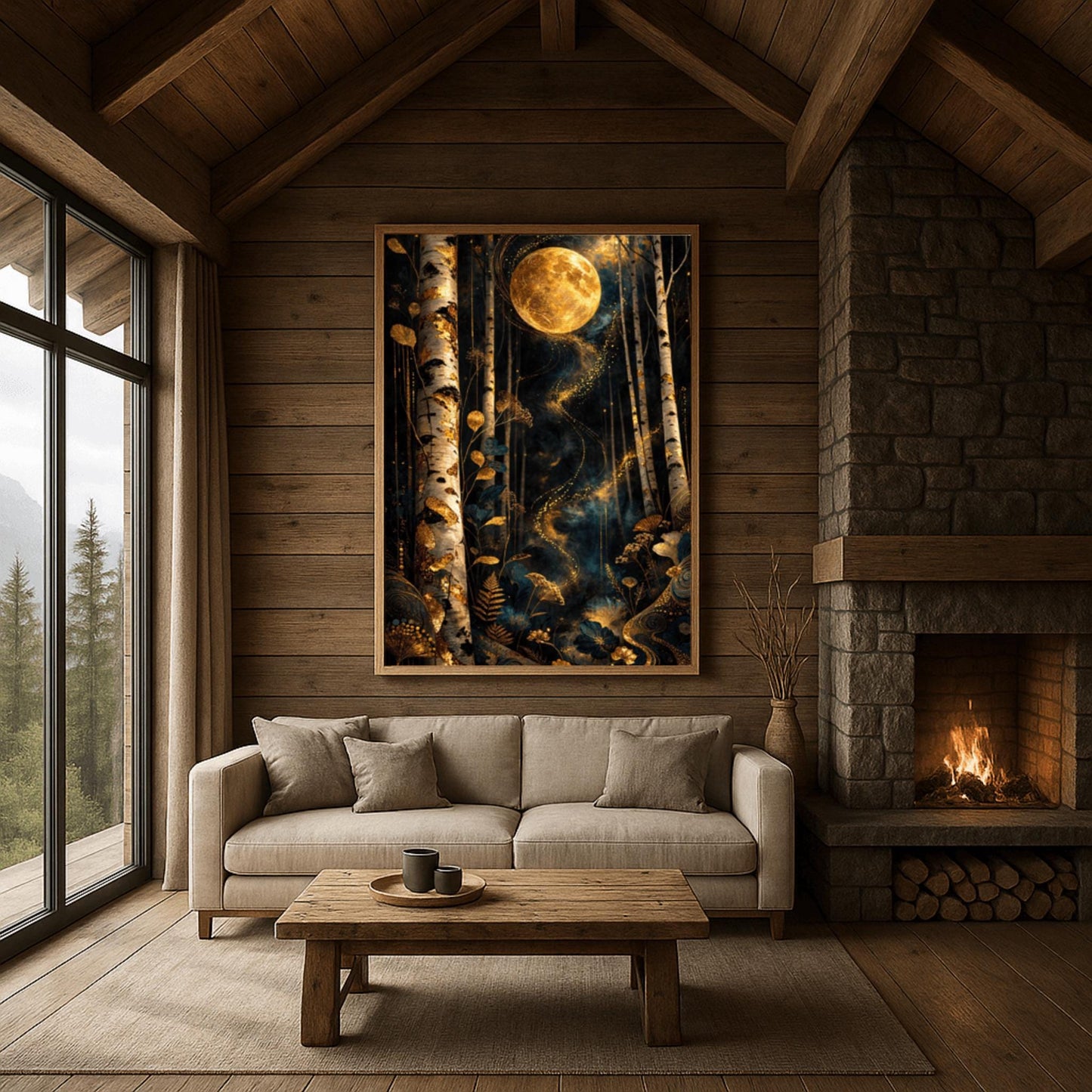 A vertical, highly detailed Art Nouveau illustration in the style of Gustav Klimt. A large, ornate golden moon with swirling patterns hangs in a dark navy forest. The foreground is filled with stylized golden wildflowers and ferns, and a ribbon of golden stardust winds through patterned birch trees.
